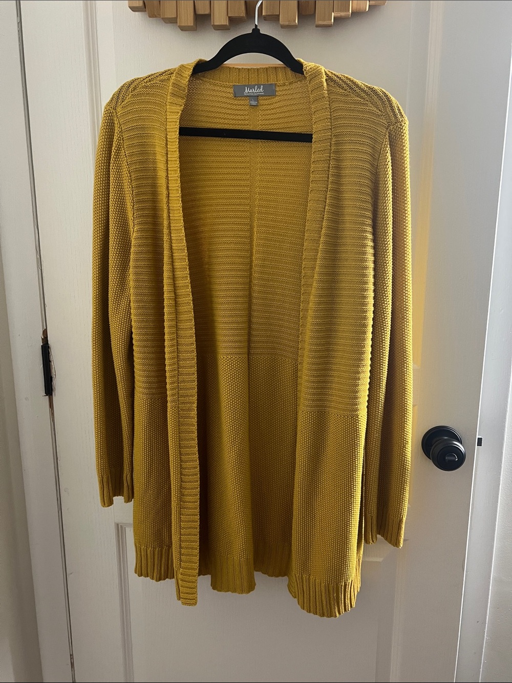 Marled Open-Front Mustard Yellow Ribbed Cardigan